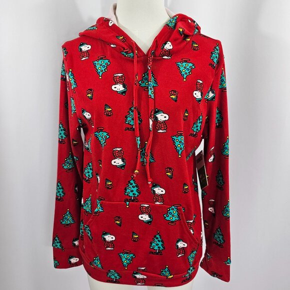 Peanuts Snoopy Christmas Tree Red Pouch Pocket Loungewear Hoodie Size M NWT - Picture 1 of 14